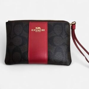 Coach Brown And Red Corner Zip Leather Wristlet